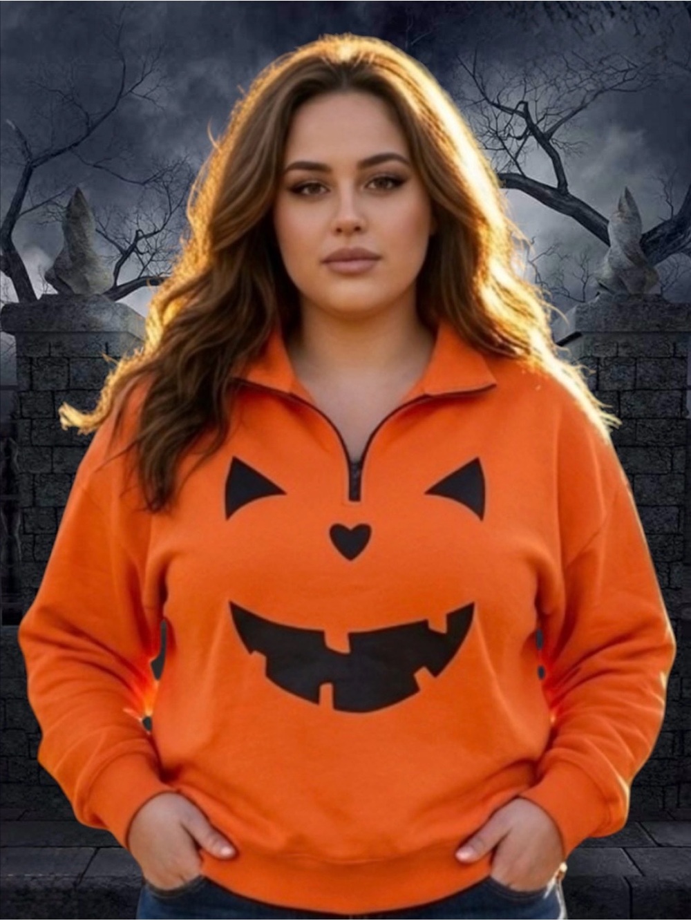 2 for $30 | Halloween Orange Pumpkin Face Adult Quarter-Zip Pullover Sweatshirt
